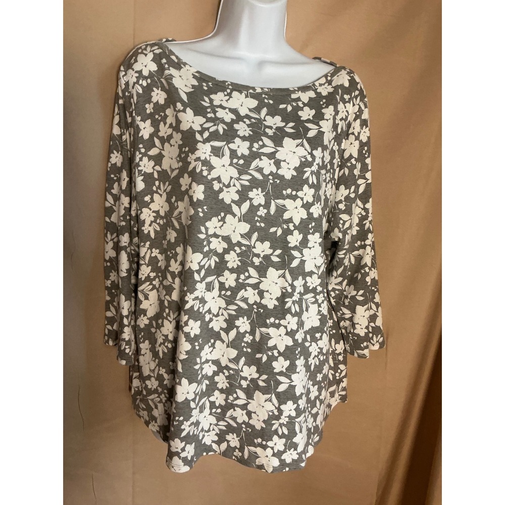 Croft & Barrow Floral Top Women XXL Grey Excellent 3/4 Sleeve Boat Neck Cotton